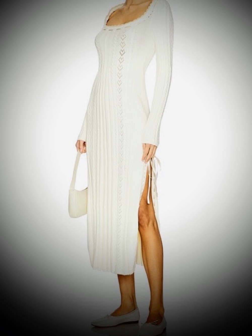 Free People Ivory Ribbed Long Sleeve Midi Dress with Side Slit
